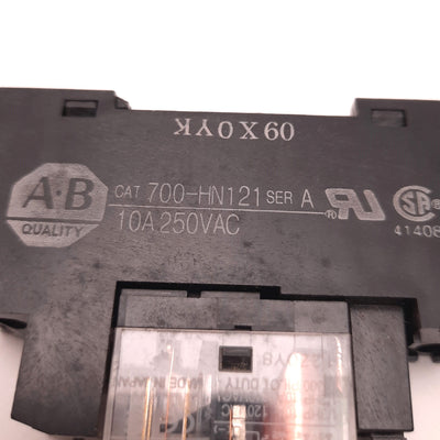 Used Allen-Bradley 700-HN121 Ser A Relay Socket with 700-HK36Z24-4 Relay, 10 A,250VAC