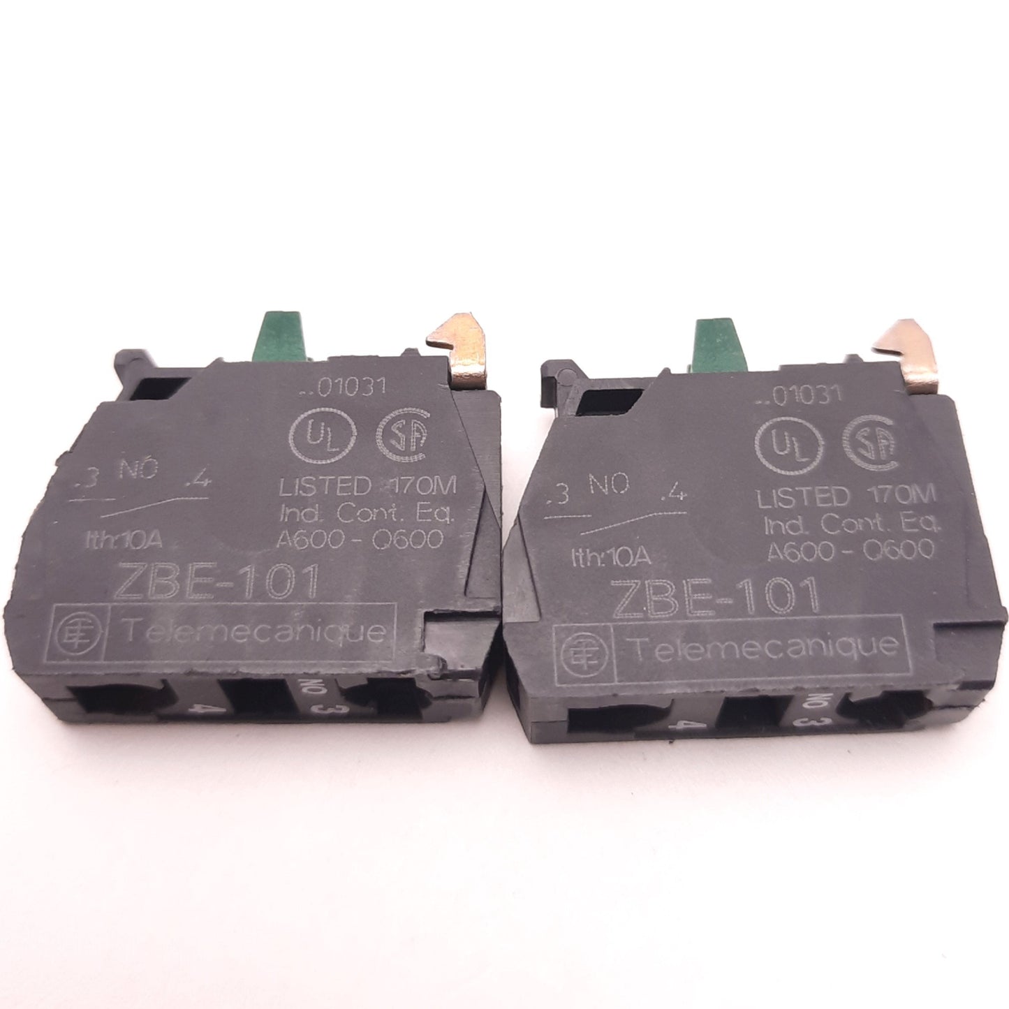 Used Lot of 2 Telemecanique ZBE-101 Contact Block, Single Pole, 6A, 600v AC/DC