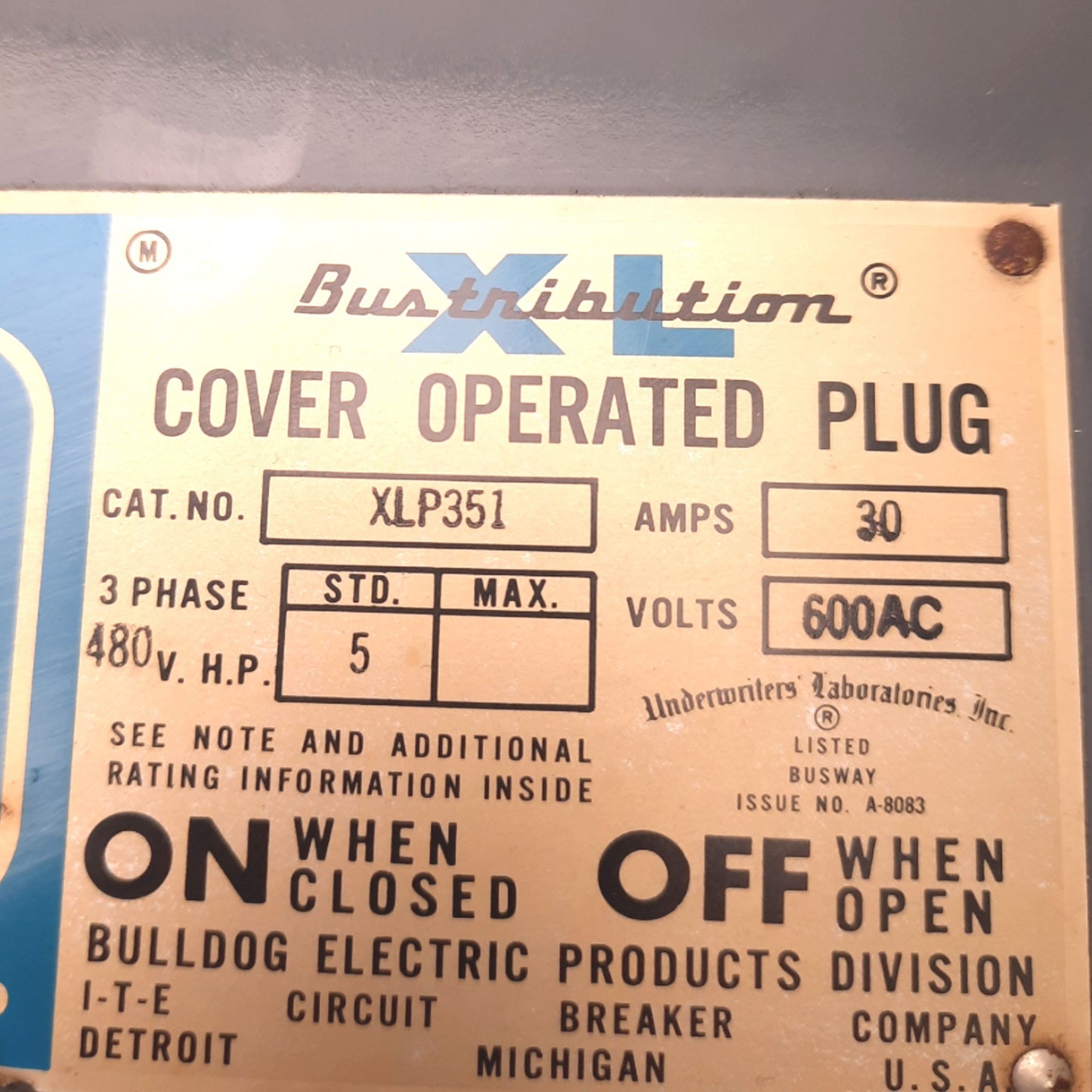 Used ITE Siemens XLP351 Cover Operated Bus Plug, 30A, 600V, 3Pole/3Wire, No Ground