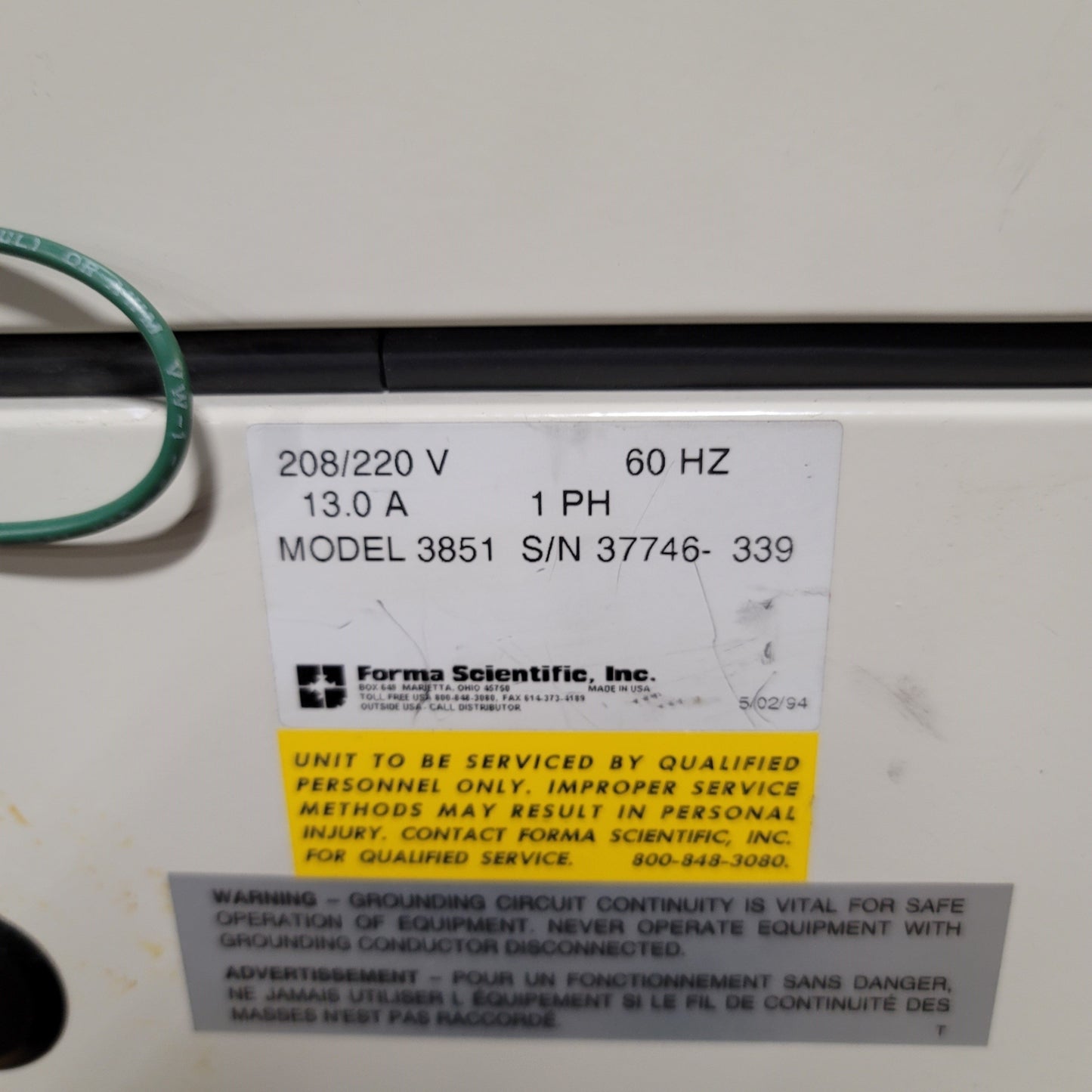 Used Forma Scientific Model 3851 Environmental Testing Chamber 208/220VAC 13.0A 1Ph