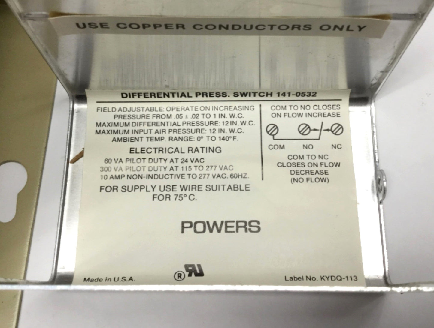 Used Powers 141-0532 Differential Static Air Pressure Switch 0.05-1 in wc, 277VAC 10A