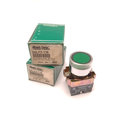New Lot of 2 Altech Corp 2ALF3LB-110 Green Illuminated Push Button 110 VAC 10A 1 NC
