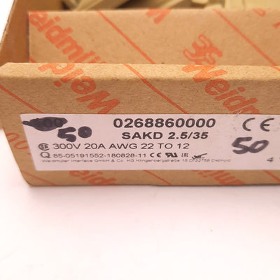 New – Open box Lot of 50 Weidmüller SAKD 2.5/35 Terminal Block, 2 Position, 24Amps, 800V