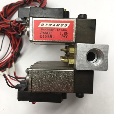 Used Dynamco D1X391 (8x) Solenoid Air Valves 3-Way 24VDC 1.2W on Manifold 1/8" NPT