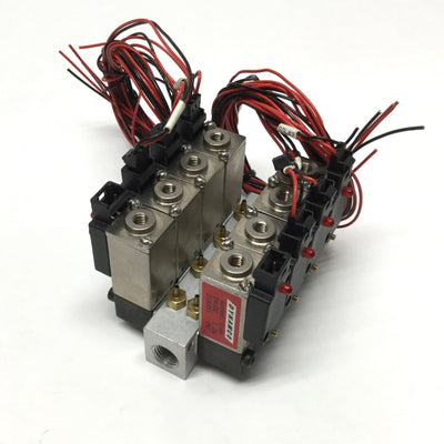 Used Dynamco D1X391 (8x) Solenoid Air Valves 3-Way 24VDC 1.2W on Manifold 1/8" NPT