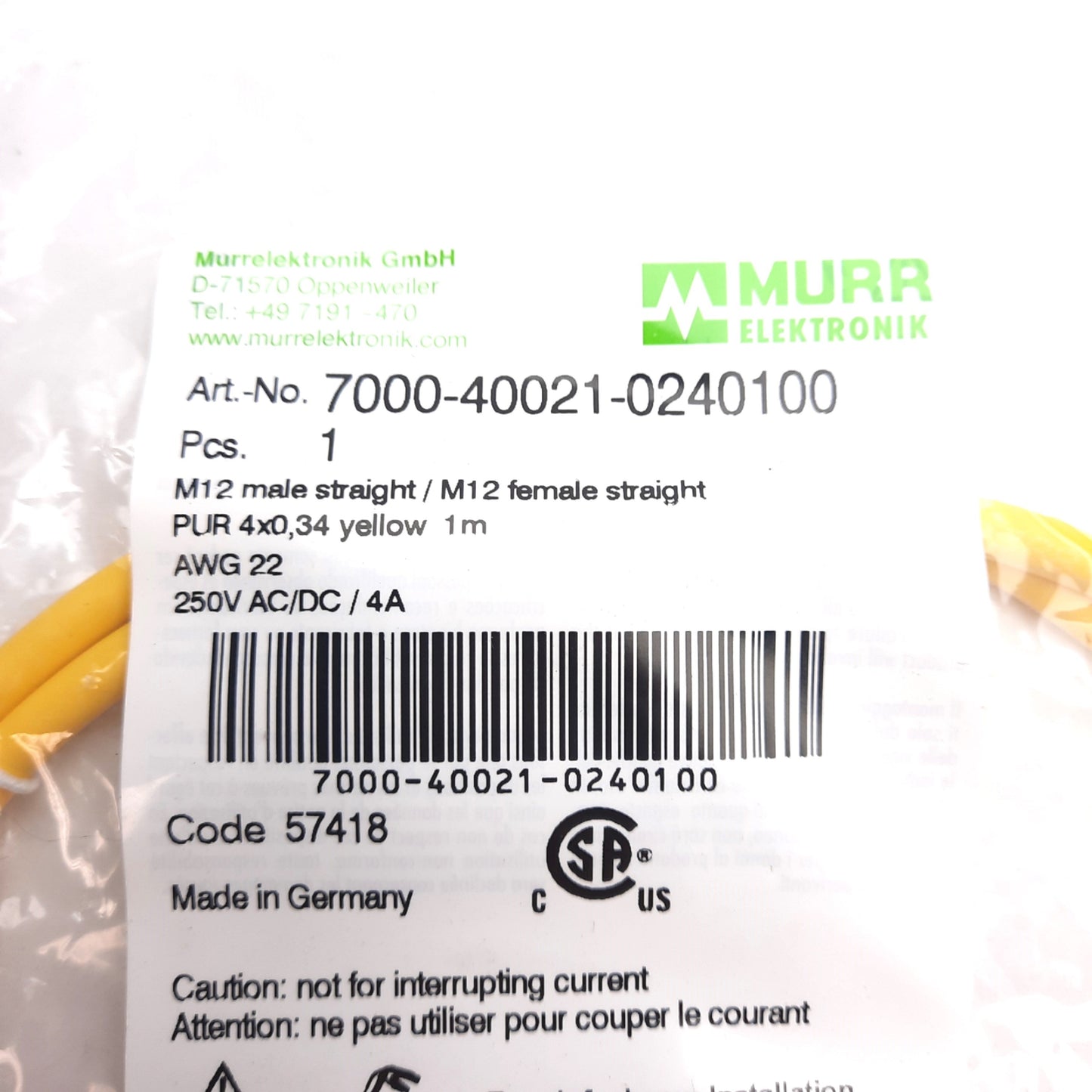 New Lot of 2 Murr 7000-40021-0240100 Connection Cable M12 4-Pin Male/Female 250V 4A