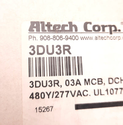 New – Open box Altech 3DU3R Mini-Circuit Breaker, R Series, 3 Pole, 3 Amp, 480v AC, DIN Mount