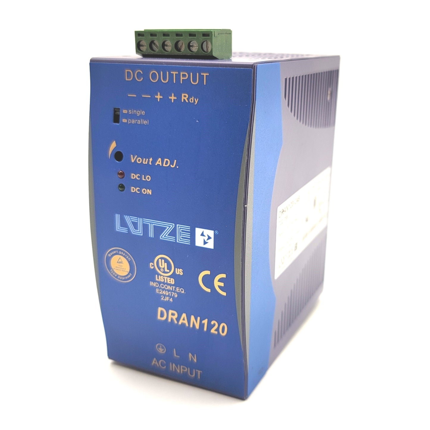 Used Lutze DRAN120-24B Switch Mode Power Supply Input: 115/230VAC, Output: 24VDC 120W