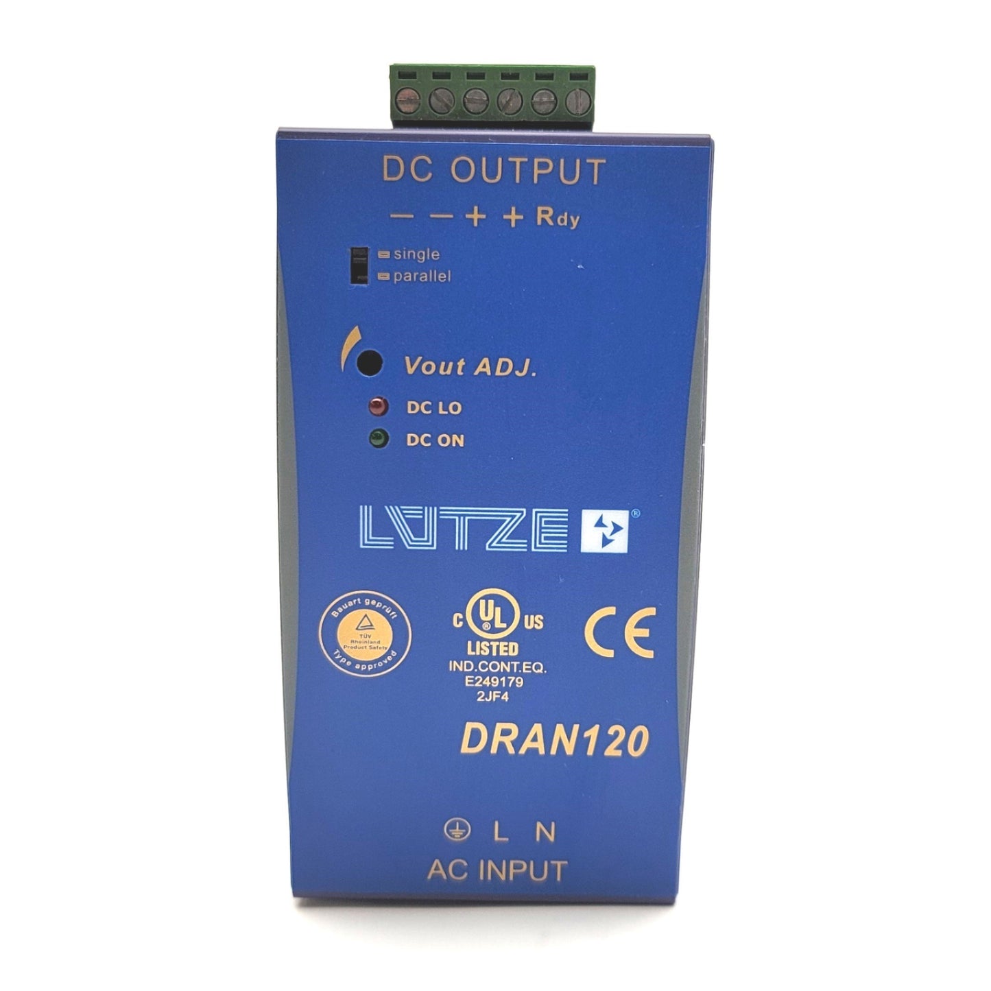 Used Lutze DRAN120-24B Switch Mode Power Supply Input: 115/230VAC, Output: 24VDC 120W