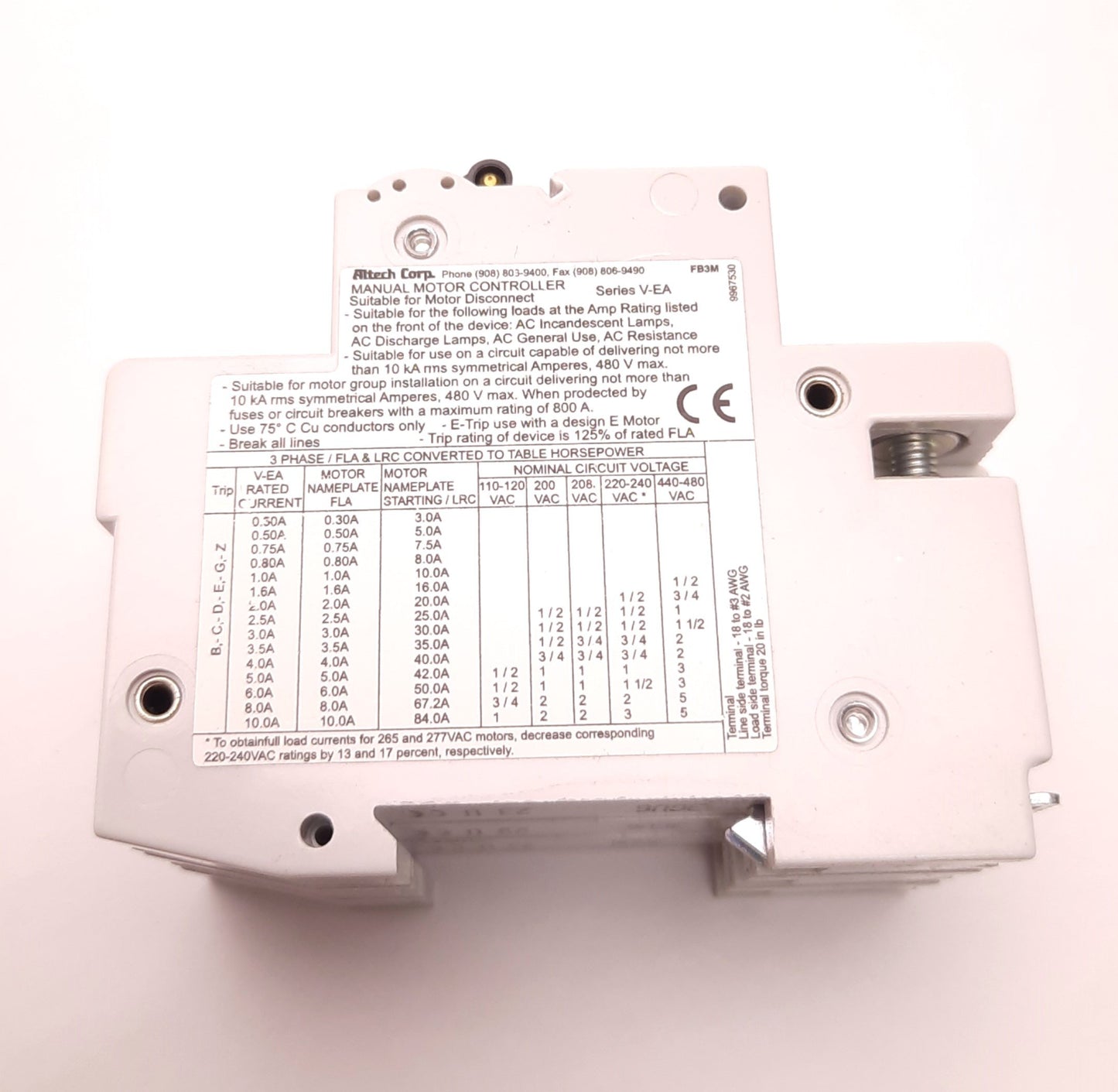 New – Open box Altech Corp 3GU6 Circuit Breaker, 6 Amps, 480Y/277v Ac, 3 Poles, DIN Mount