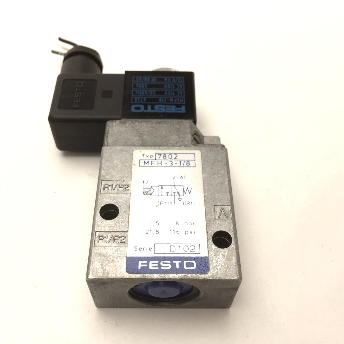 Used Festo MSFW-110 Pneumatic Solenoid Valve 110VAC 50/60Hz, MFH-3-1/8 3-Way 2-Pos NC