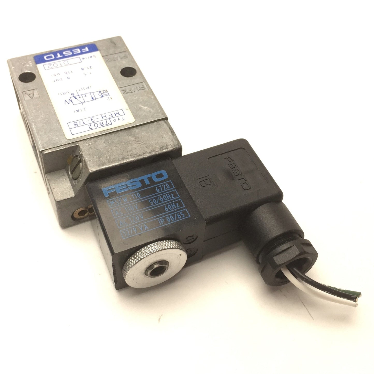 Used Festo MSFW-110 Pneumatic Solenoid Valve 110VAC 50/60Hz, MFH-3-1/8 3-Way 2-Pos NC
