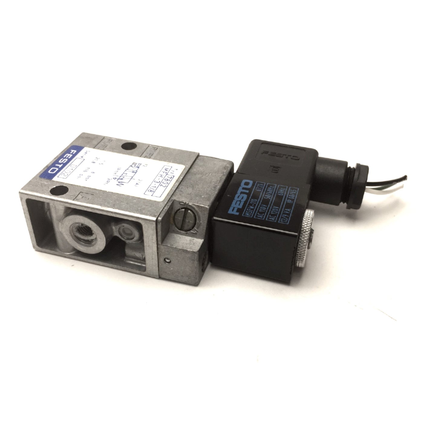Used Festo MSFW-110 Pneumatic Solenoid Valve 110VAC 50/60Hz, MFH-3-1/8 3-Way 2-Pos NC