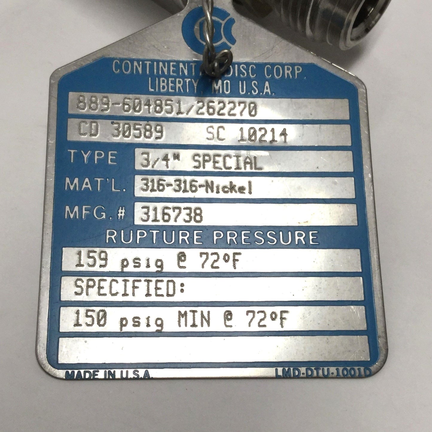 Used Continental Reverse Acting Gas Rupture Disc Fitting, 3/4" 159/156psi, 1/2" VCR