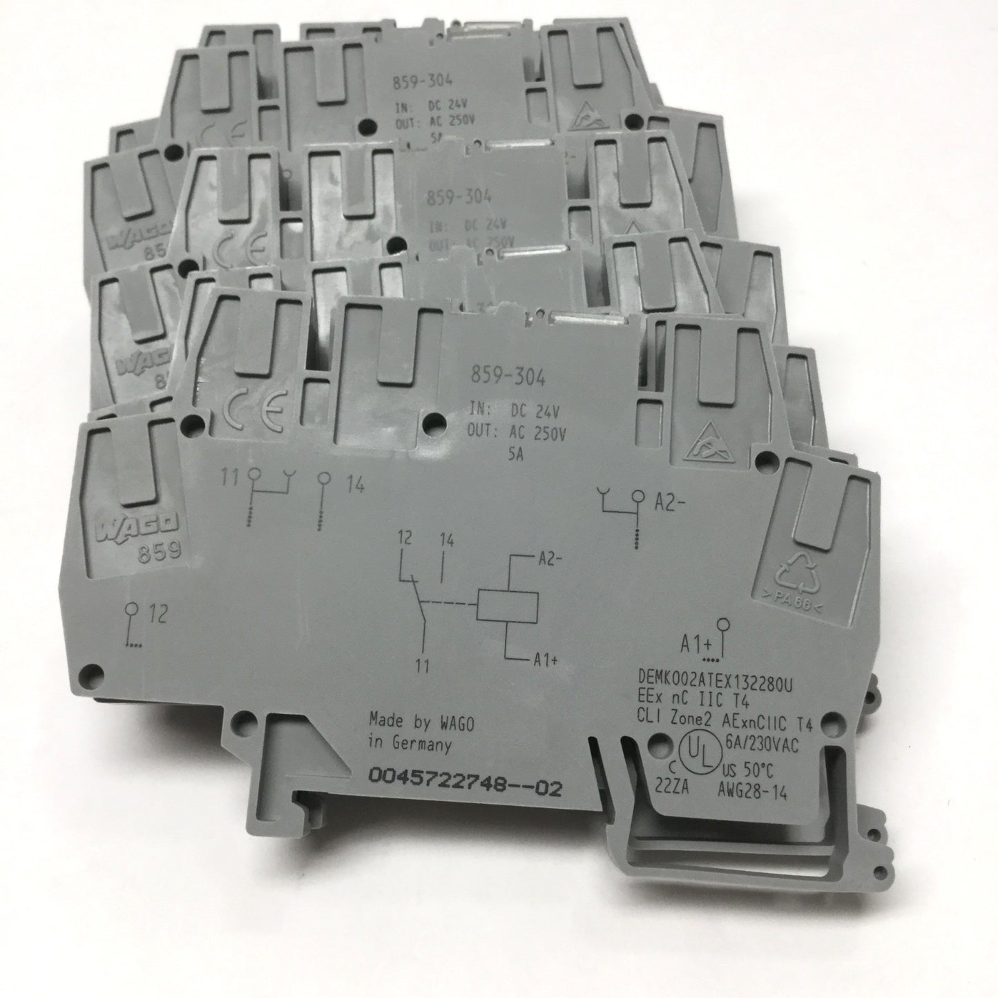 Used Lot of 7 Wago 859-304 Terminal Block Relay Modules 24VDC In, 250VAC 5A Out w/LED