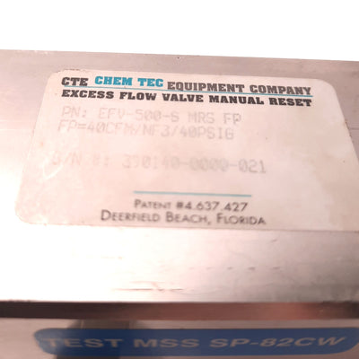 Used Chemtec EFV500-S-MRS-FP Adjustable Excess Flow Valve, 1/2" NPT, 142 to 2123 SLPM