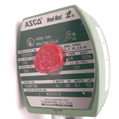 Used ASCO 8320G13 Hot Water Solenoid Valve Red Hat II 180 VAC 120 VDC 125 PSI 1/8"NPT