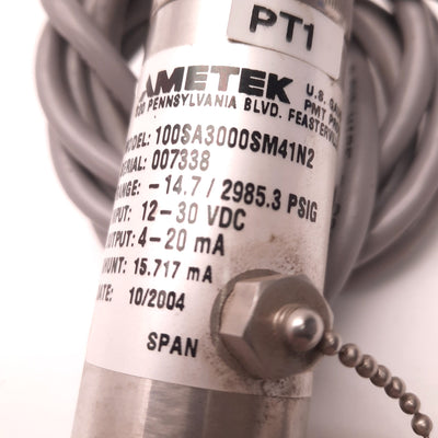 Used AMETEK 100SA3000SM41N2 Pressure Transducer, -14.7 to 2985.3 PSIG, 4-20mA Output
