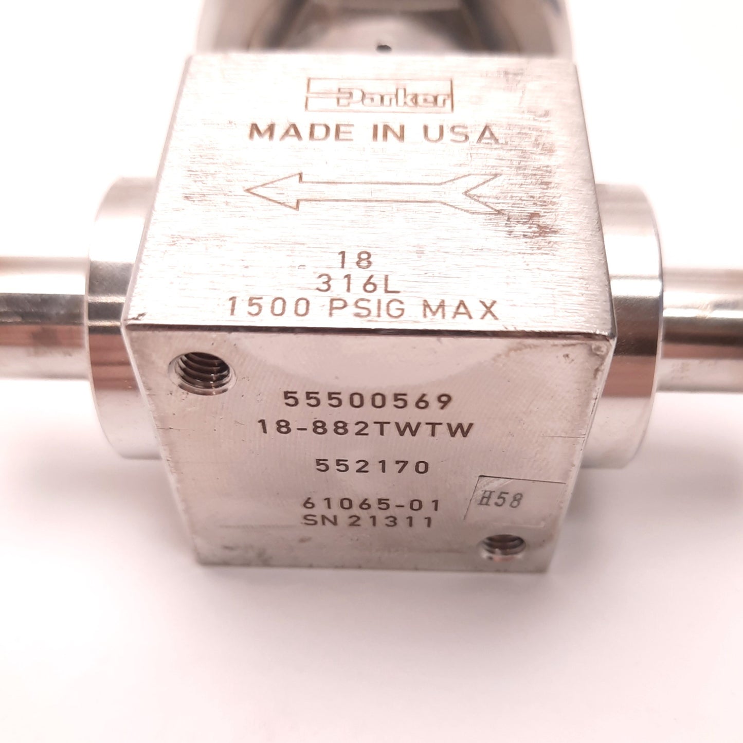 Used Parker 18-882TWTW High Pressure/Flow Diaphragm Valve, 1/2" Ports, 18 Series