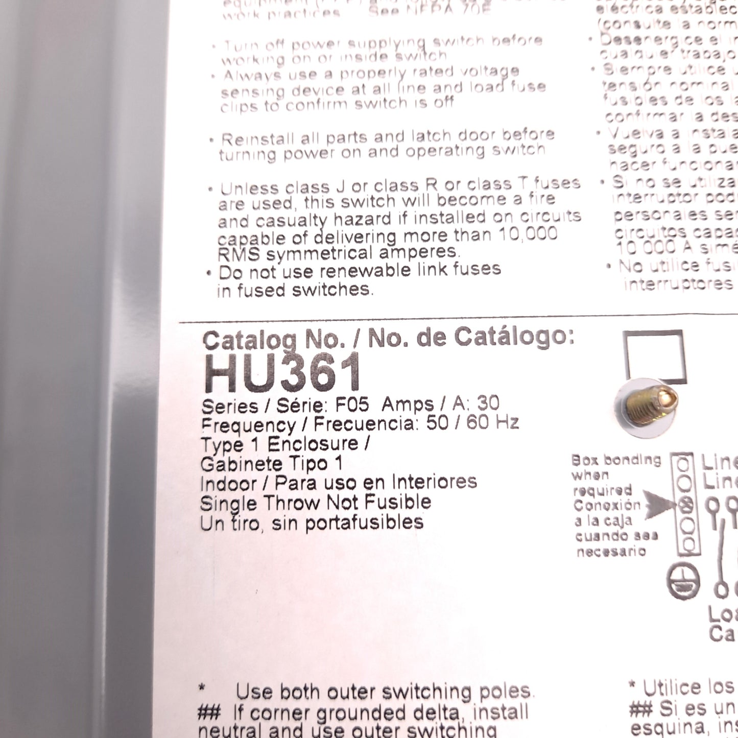 Used SQUARE D HU361 Single Throw Safety Switch 3 Pole 600 VAC 600 VDC 30 A