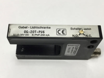 Used Captron OG-20T-PU6 Fork Light Barrier Optical Sensor, PNP-200mA, 10-30VDC, 20mm