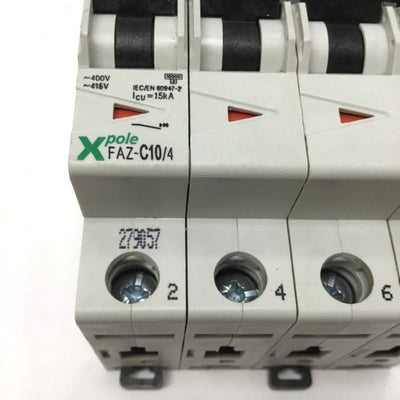 Used Eaton Moeller FAZ-C10/4 Xpole Circuit Breaker 4-Pole, 10A, 415VAC, C-Curve