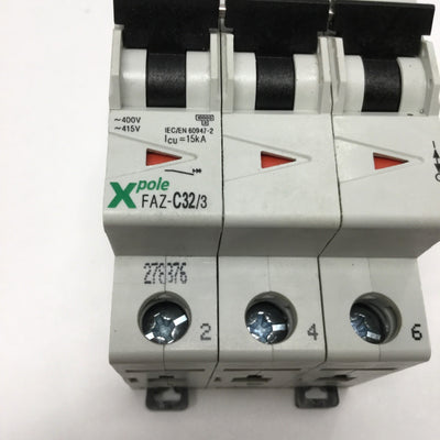 Used Eaton Moeller FAZ-C32/3 Xpole Circuit Breaker 3-Pole, 32A, 415VAC, C-Curve
