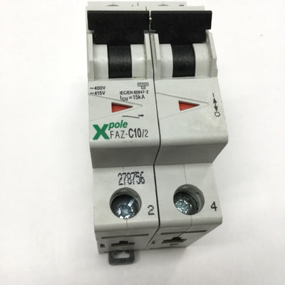 Used Eaton Moeller FAZ-C10/2 Xpole Circuit Breaker 2-Pole, 10A, 415VAC, C-Curve