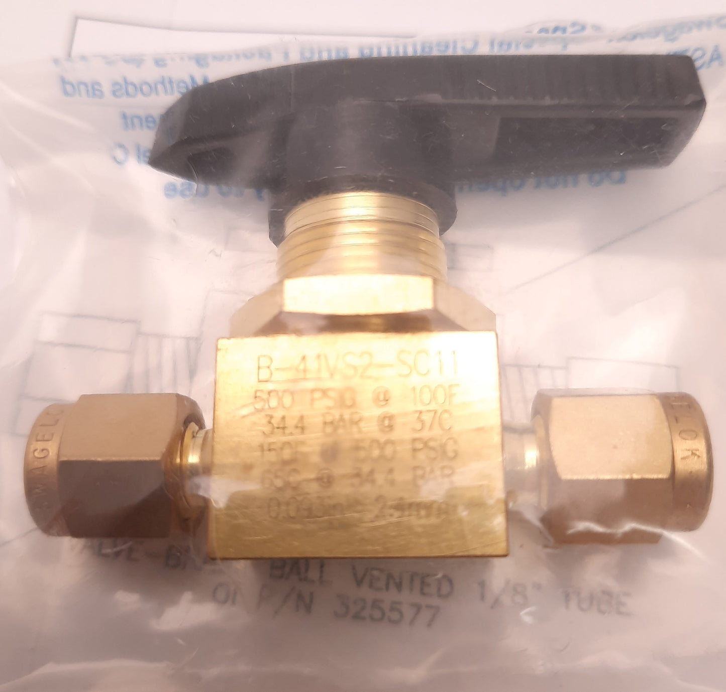 New – Open box Swagelok B-41VS2-SC11 Brass 1 Piece Vented Ball Valve 1/8" Tube, W/ Instructions