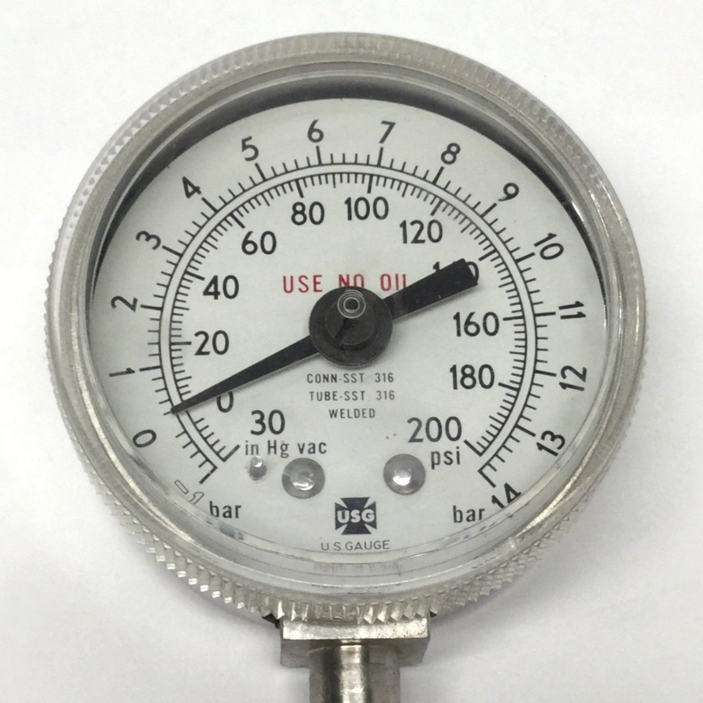Used USG 1536 Pressure Gauge, Vacuum to 200psi, 316 Stainless, Ø2" Dial, 1/4" VCR