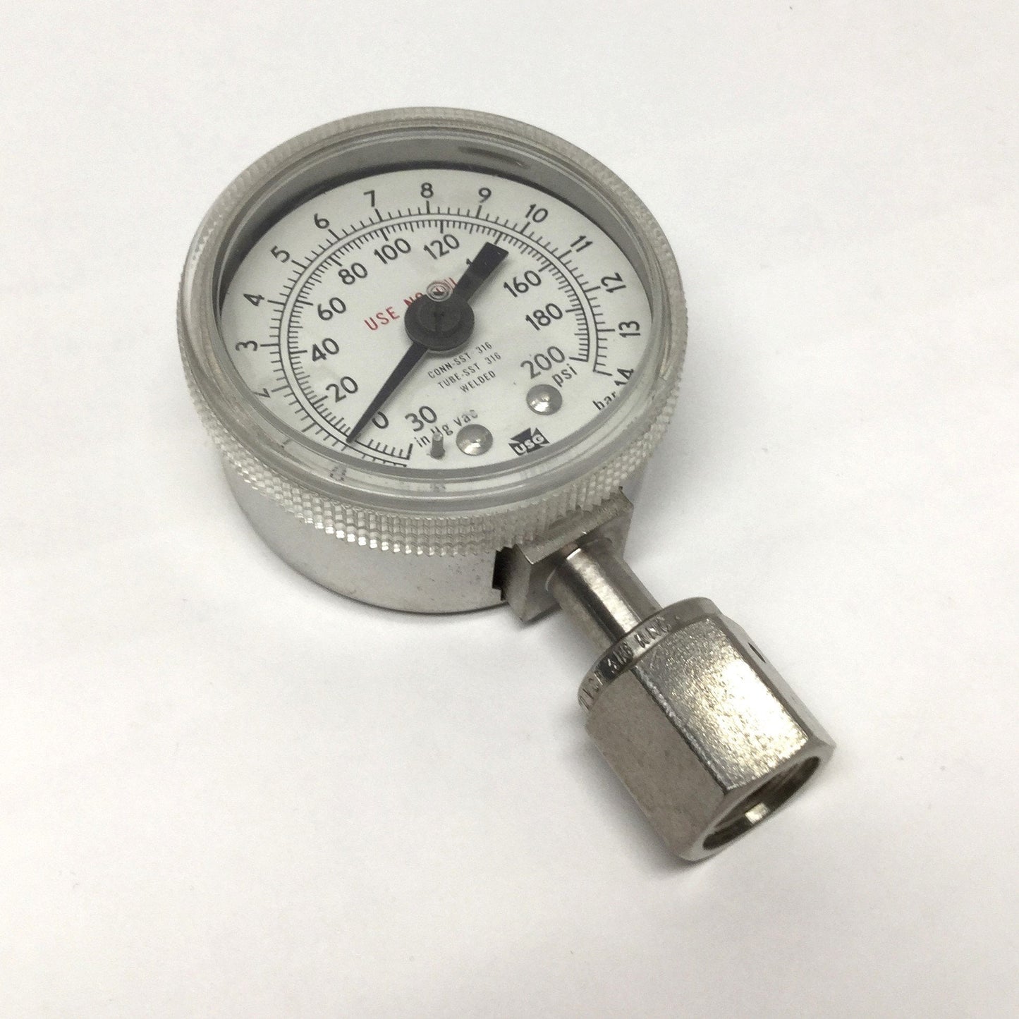 Used USG 1536 Pressure Gauge, Vacuum to 200psi, 316 Stainless, Ø2" Dial, 1/4" VCR
