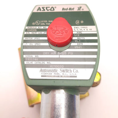 Used Asco 8210G2Q Brass Solenoid Valve 1/2" NPT, 15.1 Watts , N.C., 5-125 Psi Dry Air