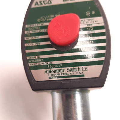 Used ASCO 8030G17 Brass Solenoid Valve 1/2" Pipe, 15 Psi Air/Water, 16.1 Watts
