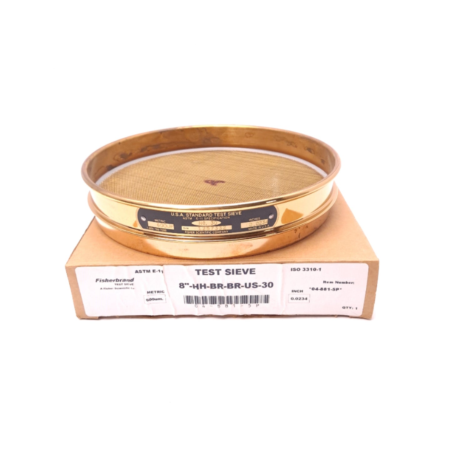 New Fisherbrand 8"-HH-BR-BR-US-30 No. 30 Brass Test Sieve 600 µm Rating 8" Dia