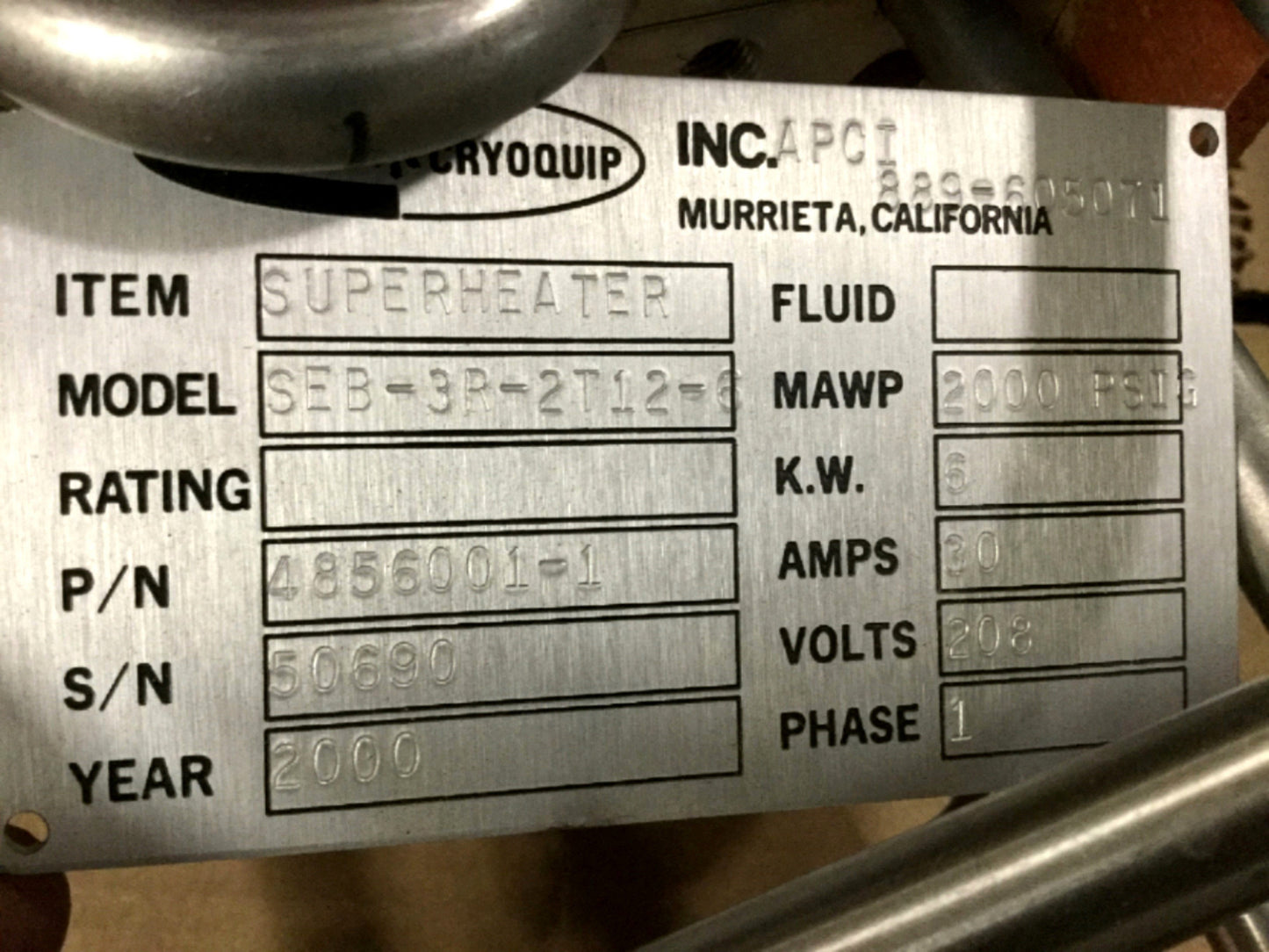 Used Cryoquip SEB-3R-2T12-6 SUPERHEATER Electric Gas Trim Heater 208V 1PH 6kW 2000psi