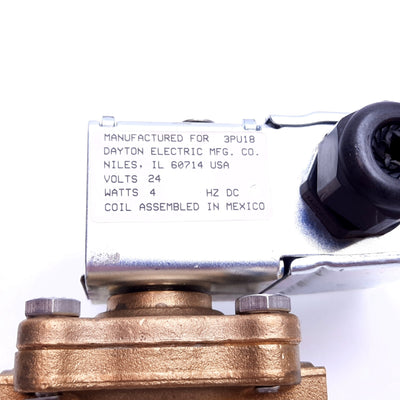 Used Dayton 3PU18 Solenoid Valve, 2-Way, Coil: 24VDC 4W, Ports: 3/4" NPT