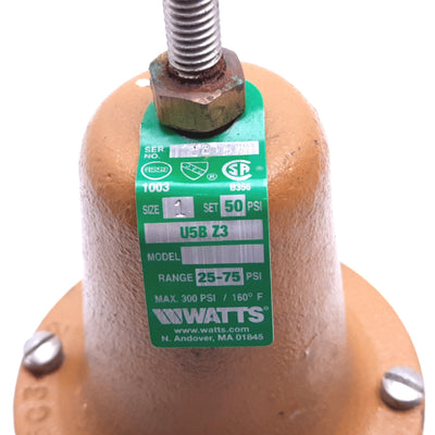 Used Watts U5B-Z3 Water Pressure Reducing Valve, 1" NPT, Range: 25-75psi, 300psi Max