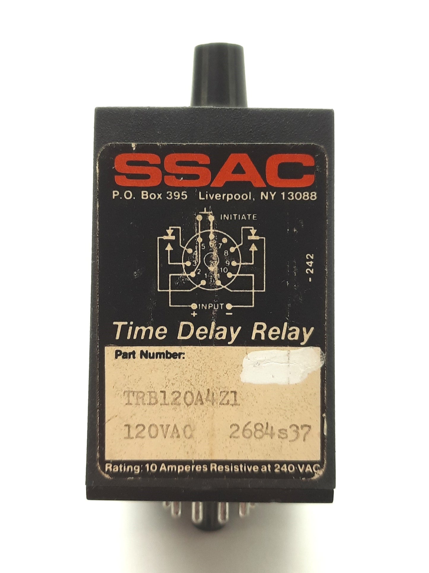 Used SSAC TRB120A4Z1 Time Delay Relay, .05-1sec, DPDT 240VAC 10A Contact, 120VAC