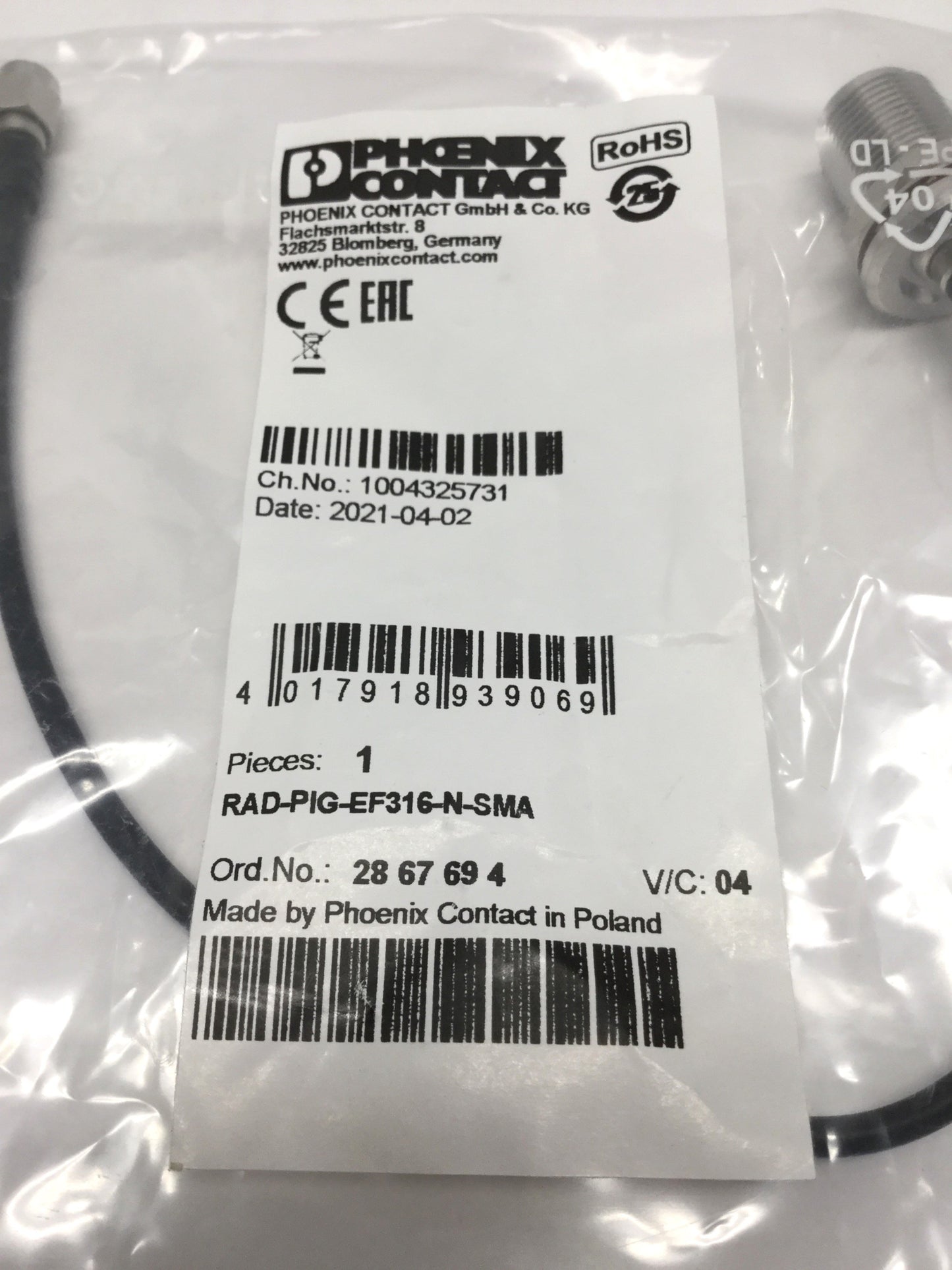 New Phoenix Contact RAD-PIG-EF316-N-SMA Antenna Adapter Cable, Type N to SMA, 12"