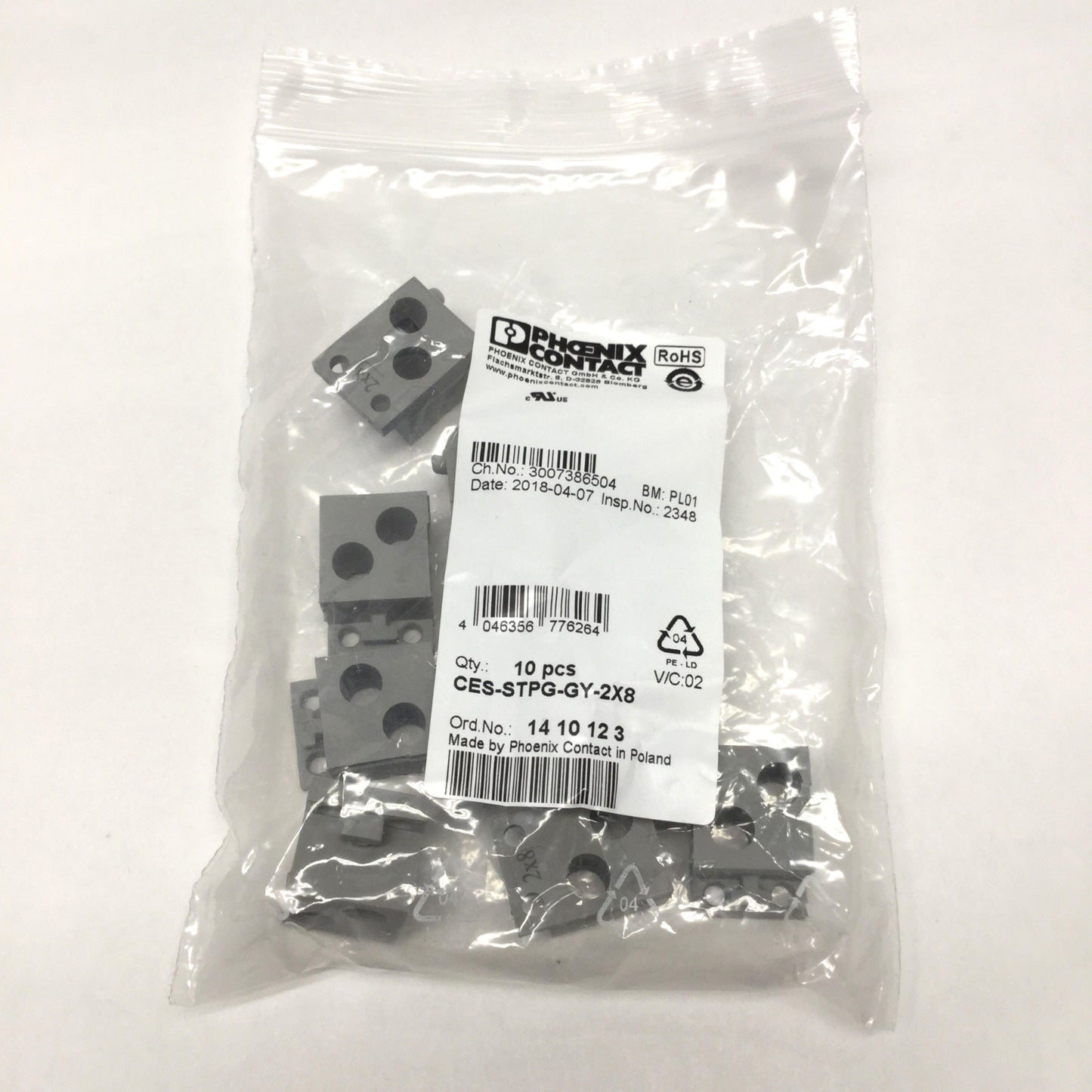 New Lot of 10 Phoenix CES-STPG-GY-2X8 Cable Sealing Sleeve, 2-Conductor, Ø7.4-7.7mm