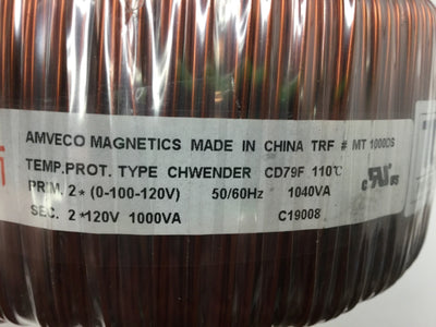 Used Amveco Magnetics MT1000DS AC Toroidal Transformer Pri 0-100-120V Sec 120V 1000VA