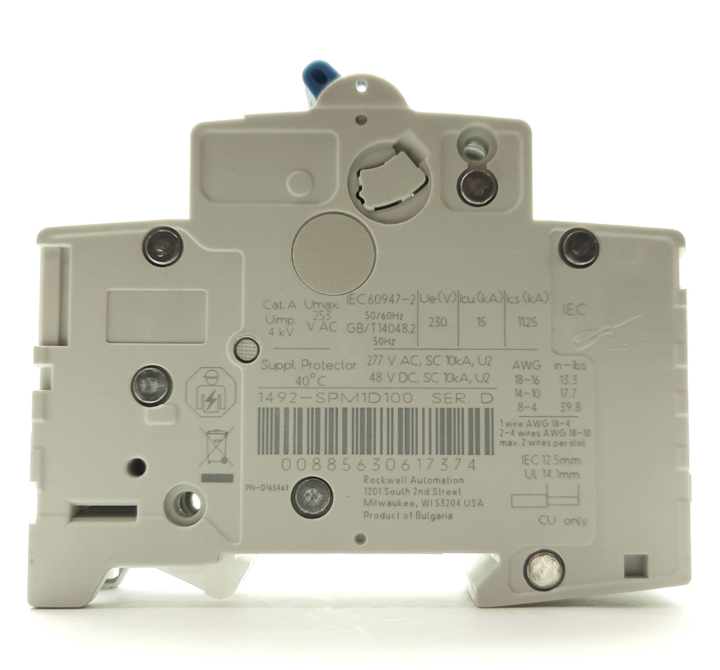 New – Open box Allen Bradley 1492-SPM1D100 Supplementary Circuit Breaker 10A, 1-Pole, D-Curve