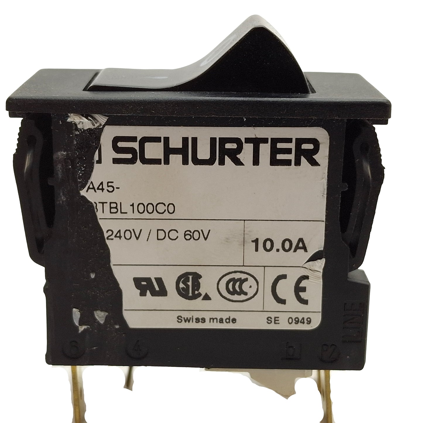 Used Schurter TA45-ABTBL150C0 On/Off Rocker Switch, Voltage: 240VAC 60VDC 15A 50/60Hz