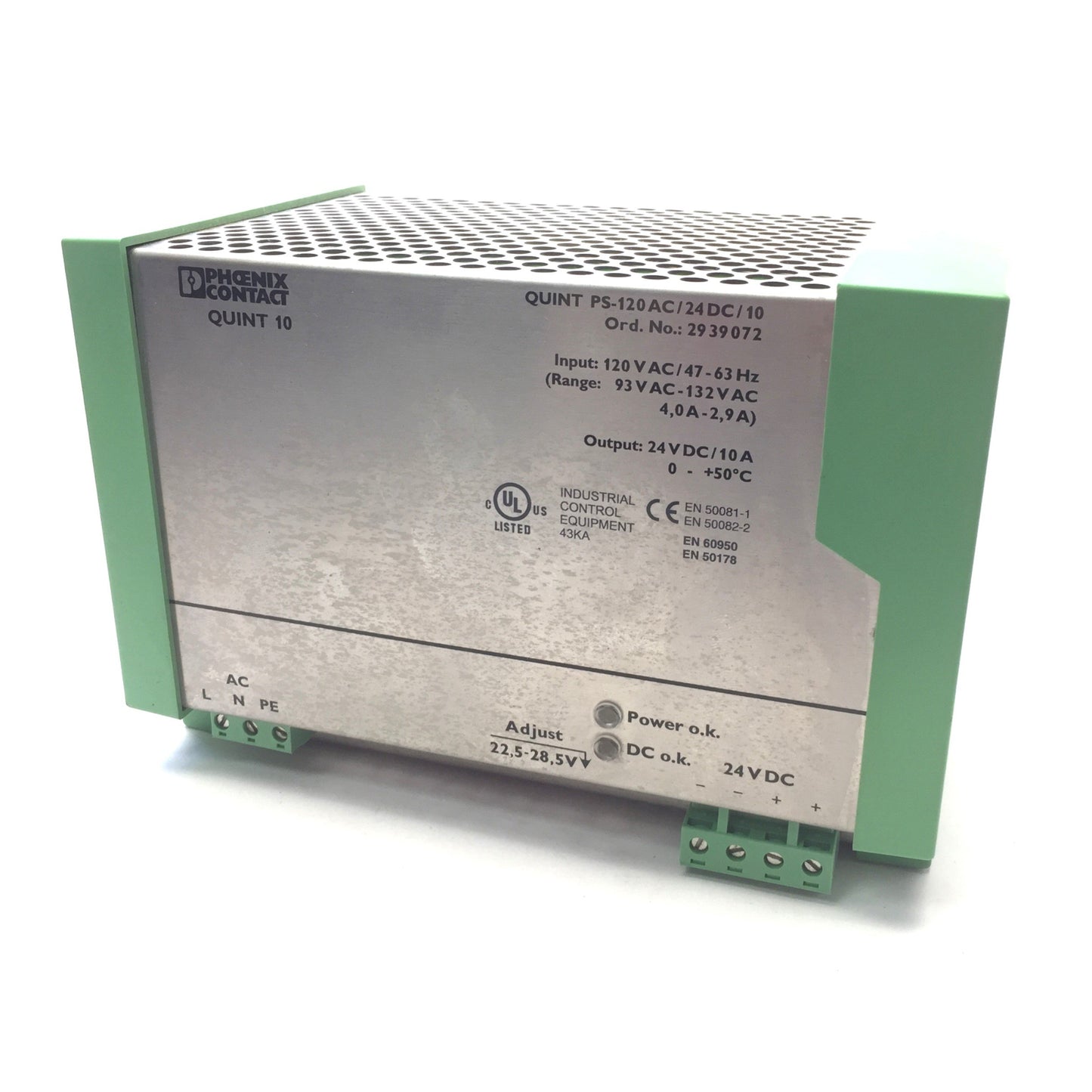 Used Phoenix Contact Quint PS-120AC/24DC/10 Power Supply, In: 120VAC, Out: 24VDC 10A