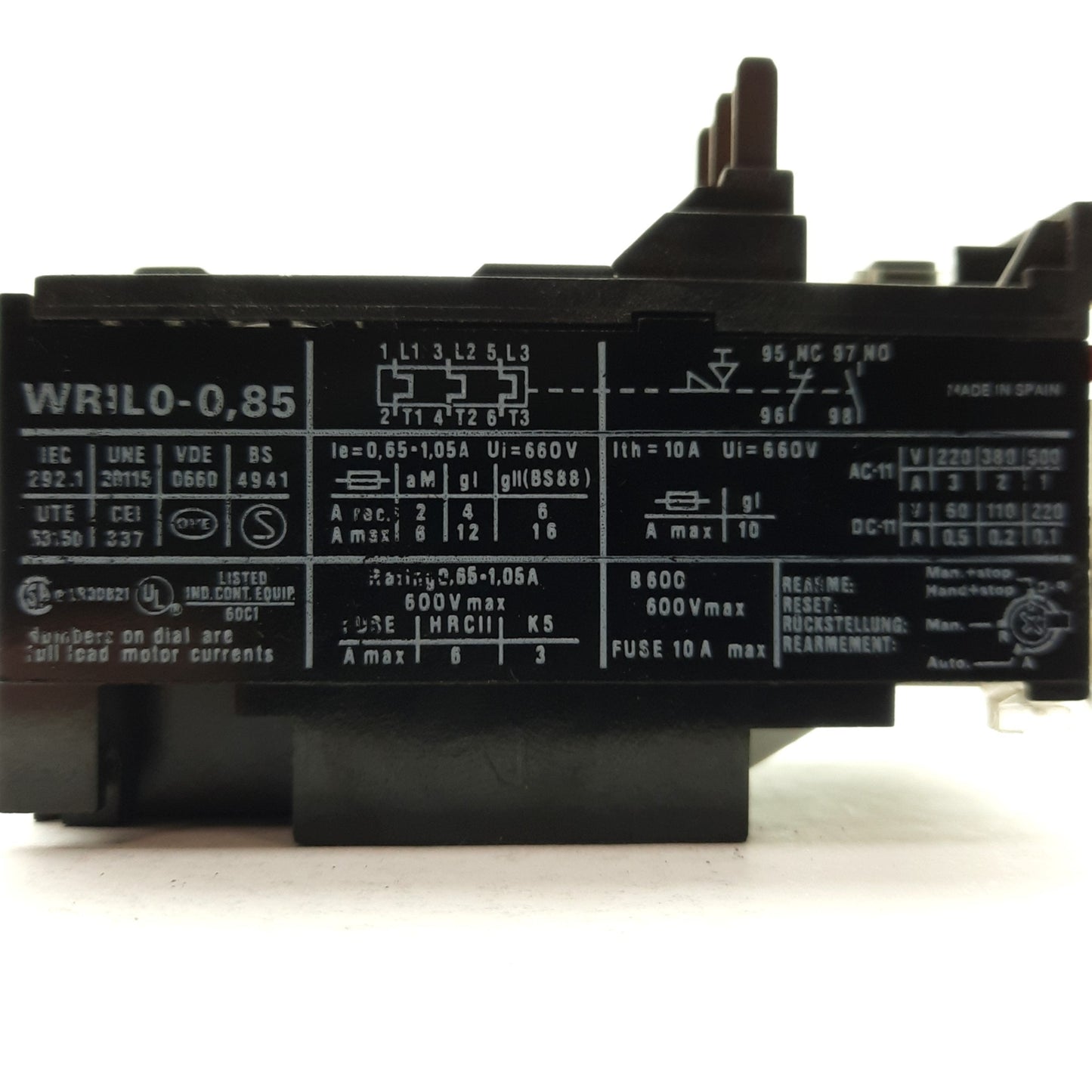 Used Ward Leonard WRIL0-0,85 Overload Relay, 3-Pole .65-1.05A Trip, NO/NC Contacts