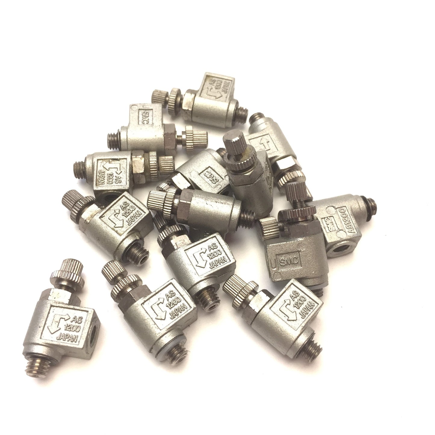 Used Lot of 14 SMC AS1200 Air Pneumatic Elbow Flow Control, Thread: 10-32, Meter-Out