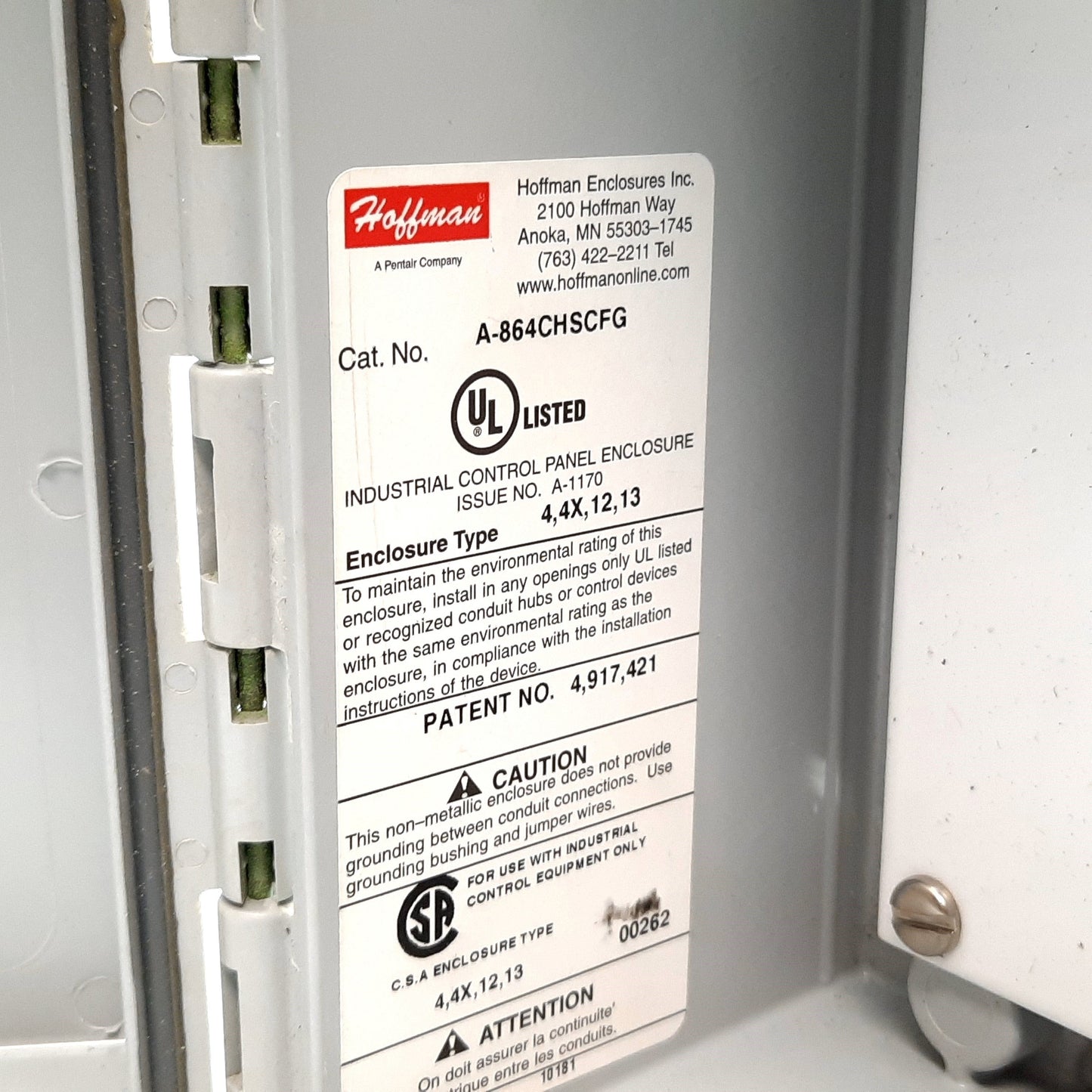 Used Hoffman A-864CHSCFG Electrical Enclosure, Fiberglass, 8" x 6" x 4", *Holes Added