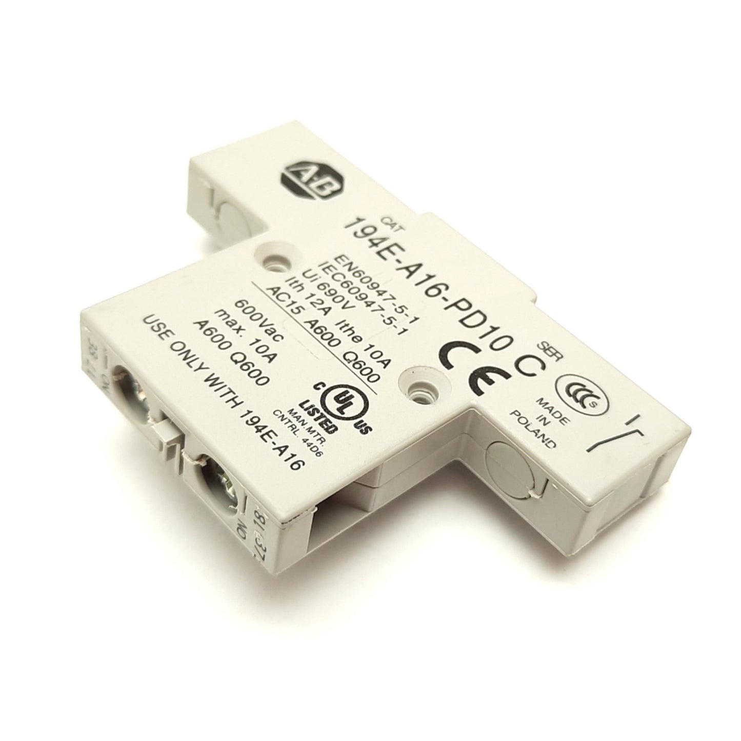Used Allen Bradley 194E-A16-PD10 Auxiliary Contact Block, N/O, Rating: 600VAC 10A