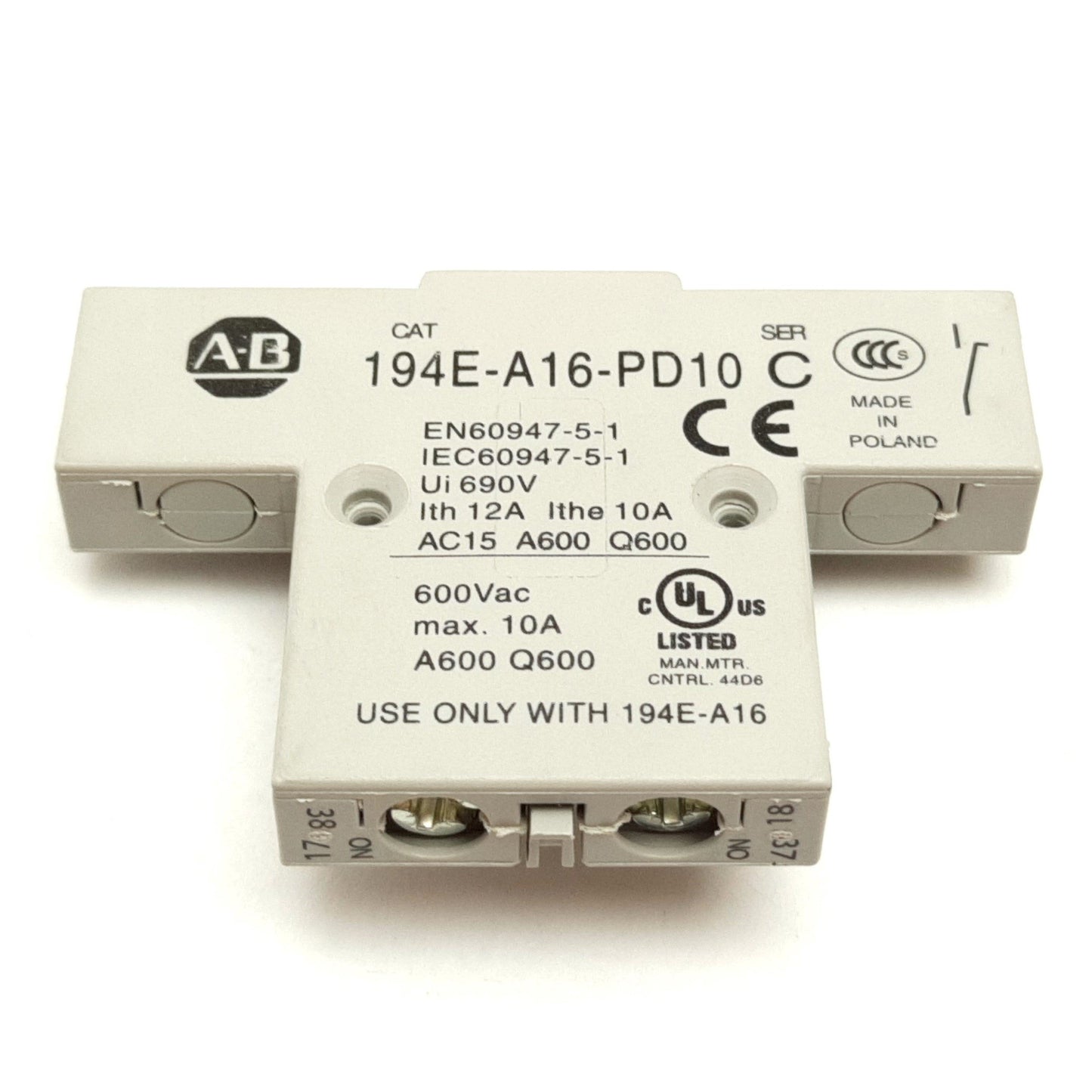 Used Allen Bradley 194E-A16-PD10 Auxiliary Contact Block, N/O, Rating: 600VAC 10A