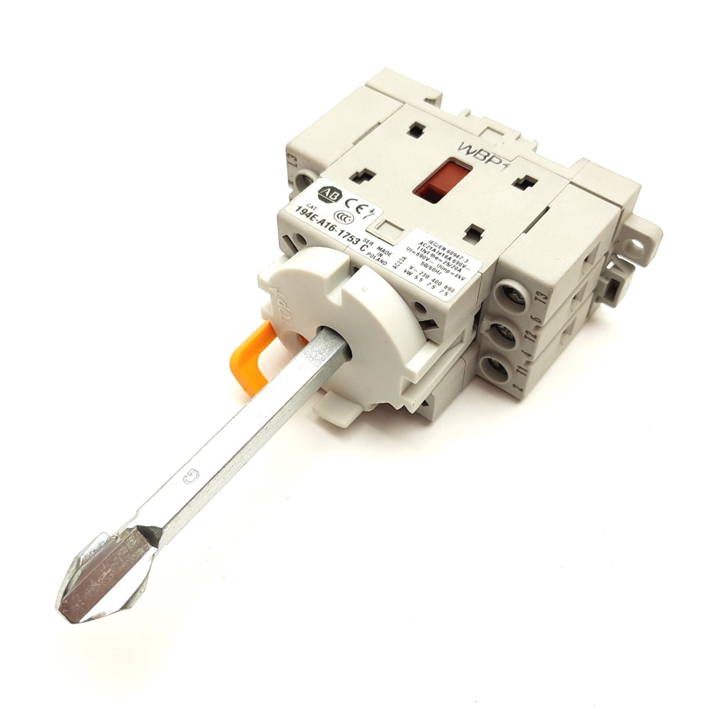 Used Allen Bradley 194E-A16-1753 Disconnect Switch, 3-Pole, 600VAC 16A, DIN Rail